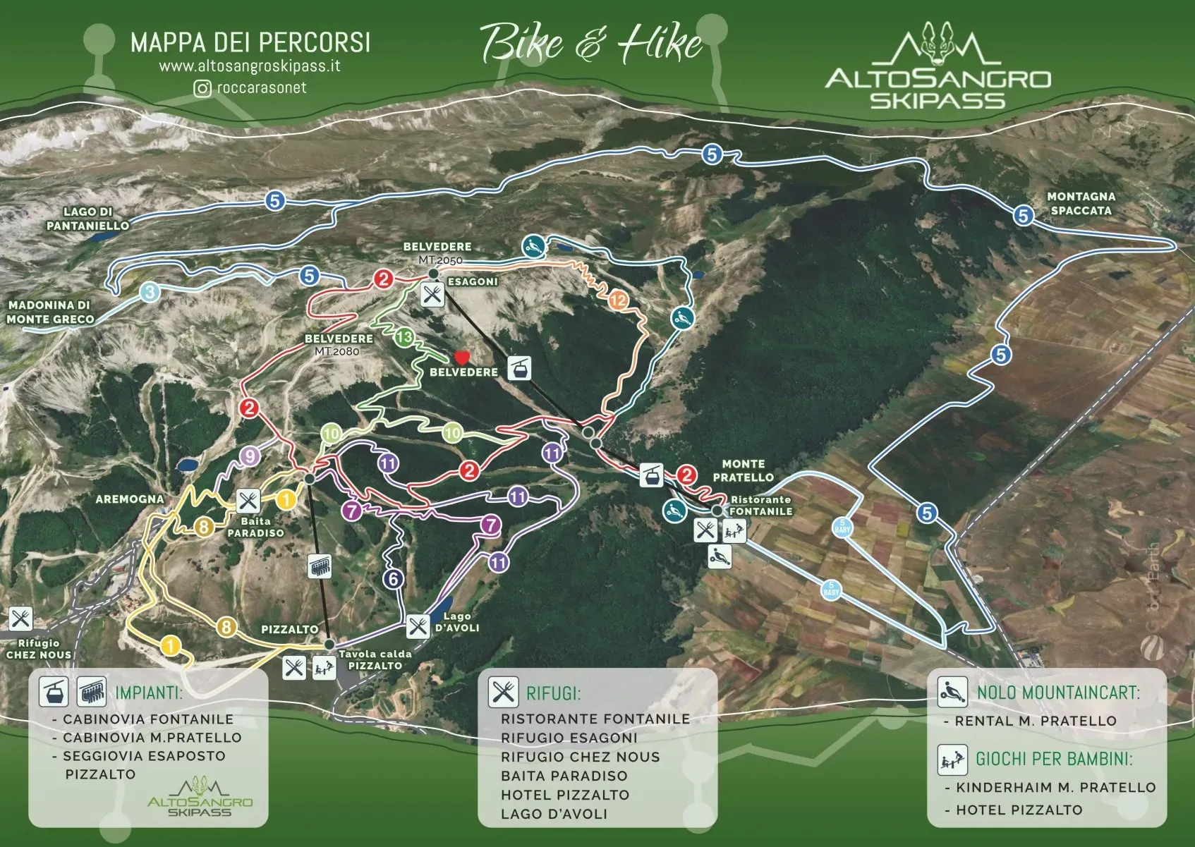 Mappa Bike & Hike dell'Alto Sangro con percorsi, impianti e rifugi